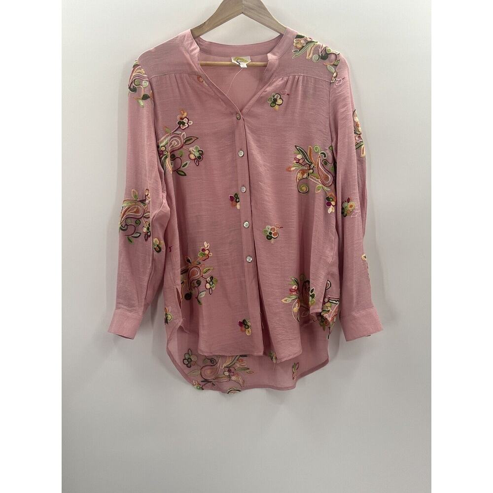 Anthropologie Pink Fig & Flower Embroidered Floral Peasant Blouse Size Small